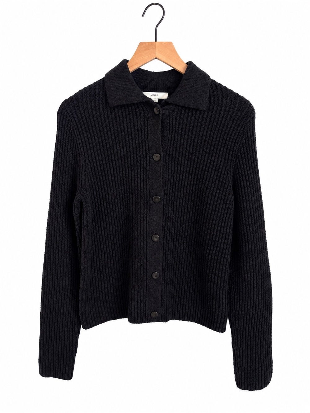 Vince Black Ribbed Polo Cardigan Cotton Blend Sweater Small